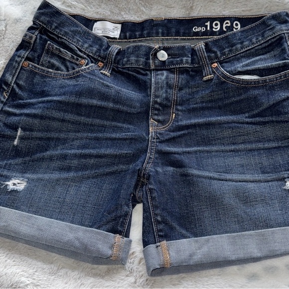 Gap 1969 Sexy Boyfriend Dark Denim Mid Rise 5”Shorts Stretch Cuffs Fleut Wash 25 - Picture 13 of 15